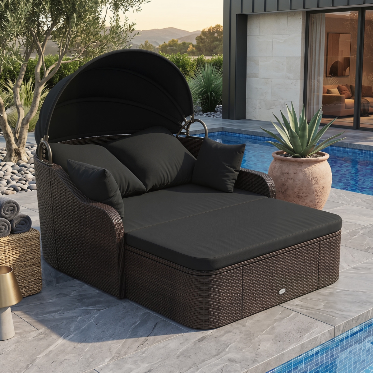 HW76077DK- Patio PE Rattan Daybed with Retractable Canopy & Soft Cushions - Black