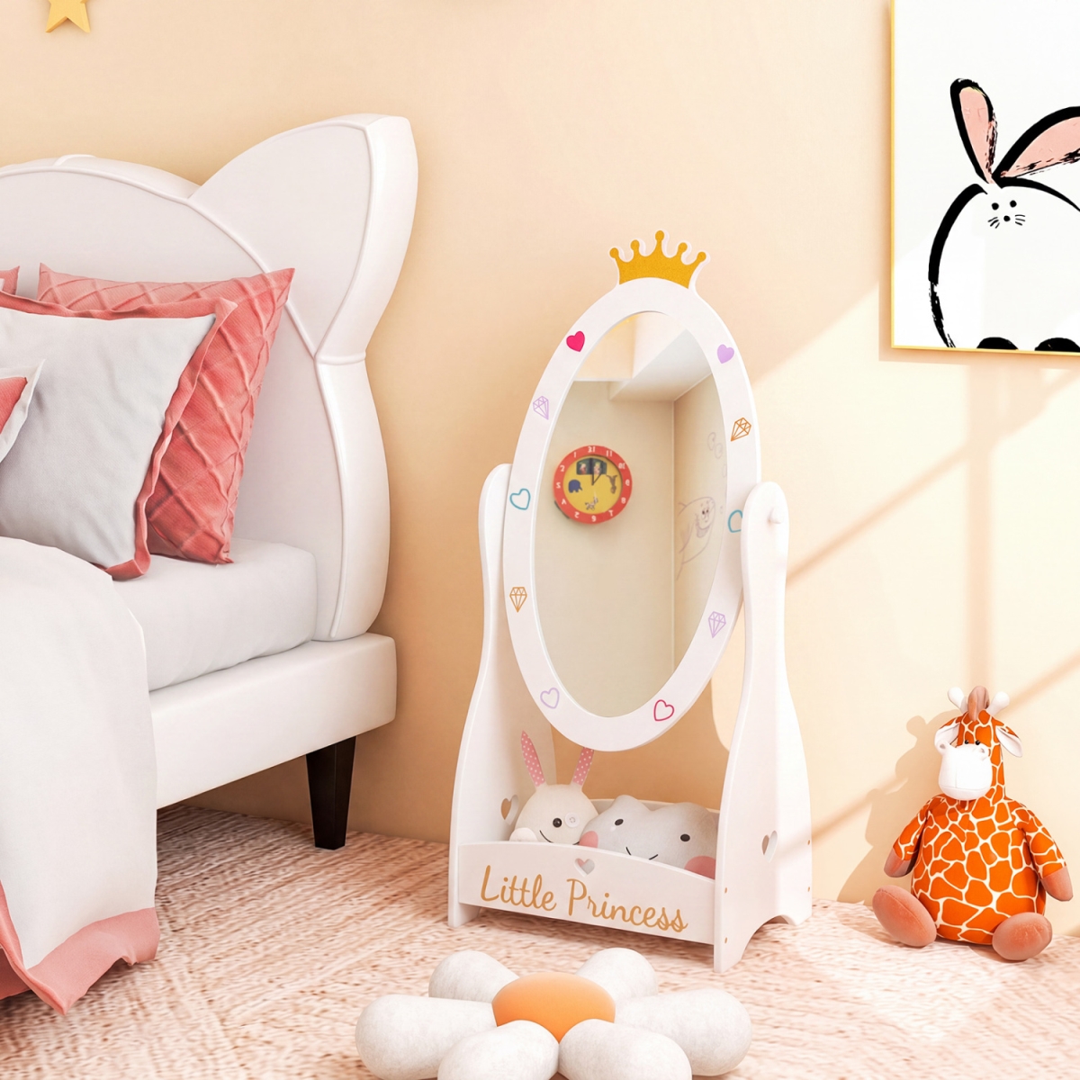 HY10099WH Kids Full Length Mirror with 360 Degree Rotatable Design & Shelf - White