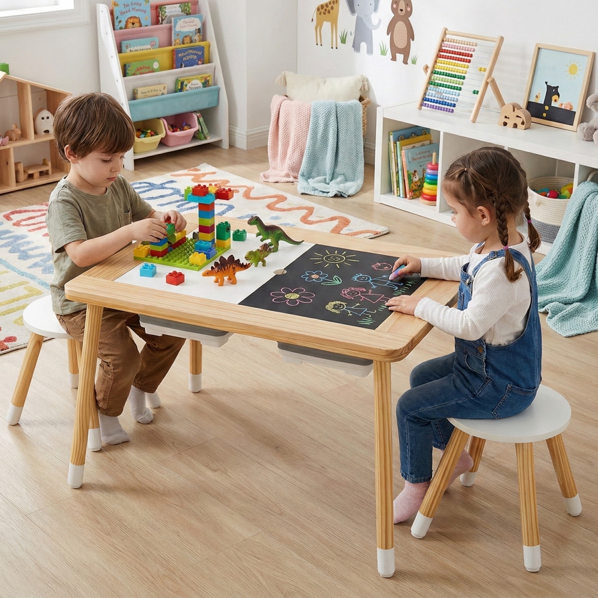 HY10264NA Wooden Kids Activity Table Set with Double-Sided Boards - Natural