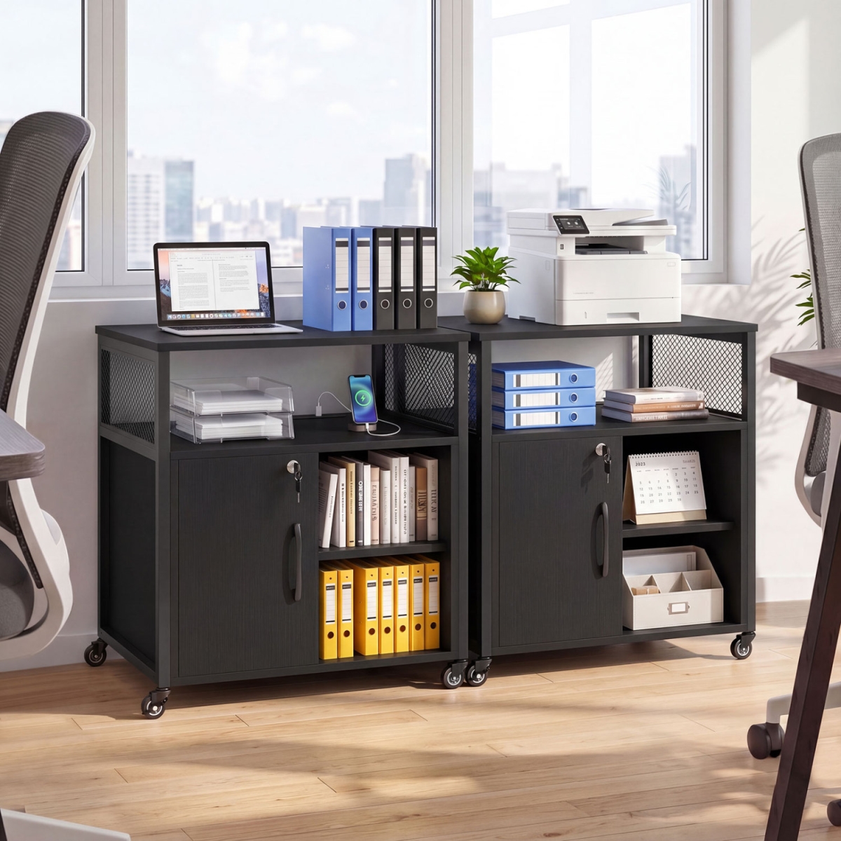 CB11236US-DK File Cabinet on Wheels with Charging Station & Cable Management Hole - Black