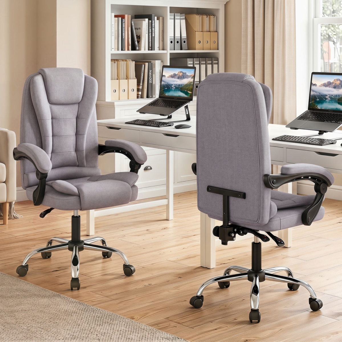 CB11292GR Big High Back Executive Chair with Linkage Armrests & Leather Padded Seat for Office - Gray