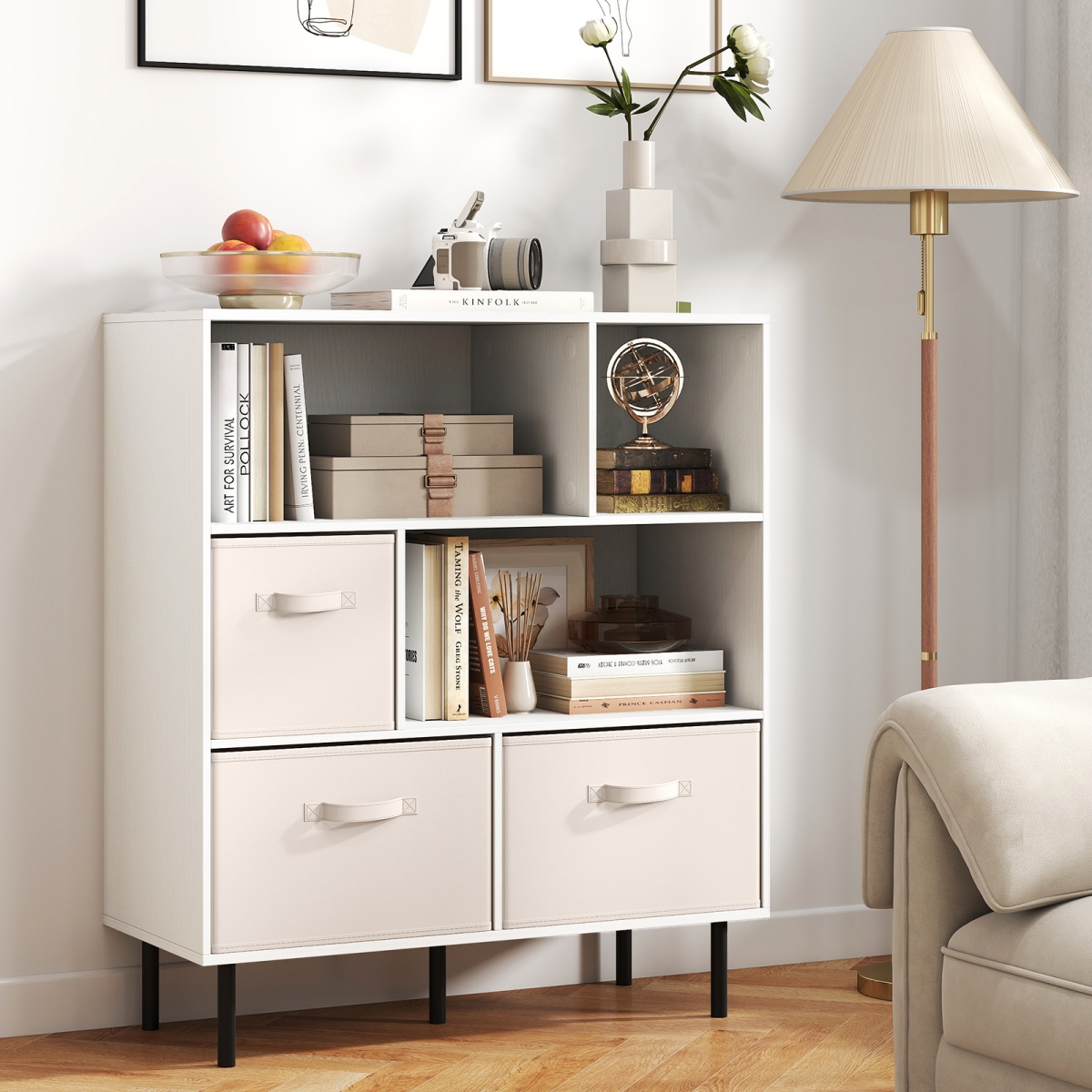 JV12967WH 6-Cube Bookshelf with 3 Removable Folding Fabric Drawers for Living Room - White