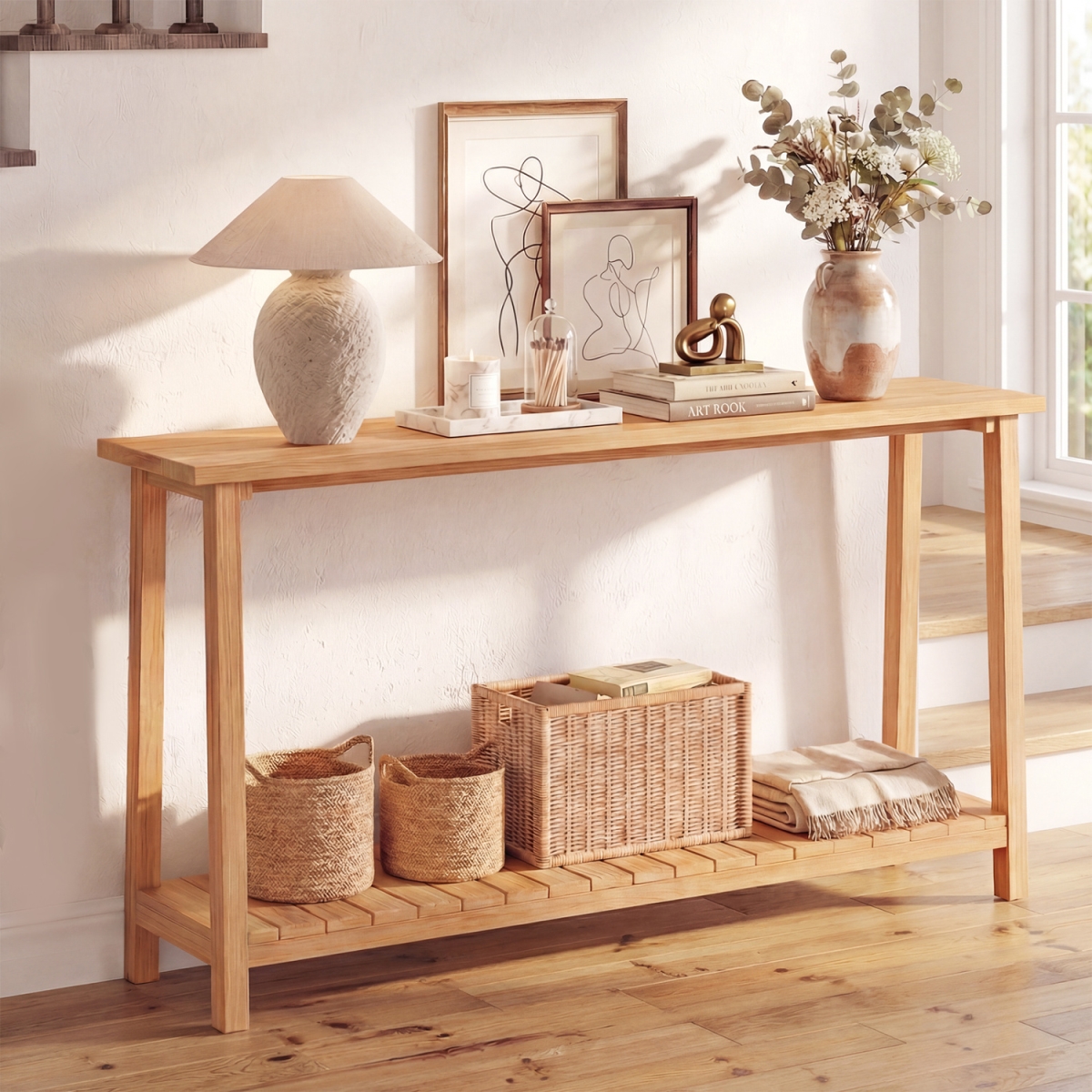 JV13137 2-Tier Farmhouse Sofa Table with Teak Wood Frame & Storage Shelf - Natural