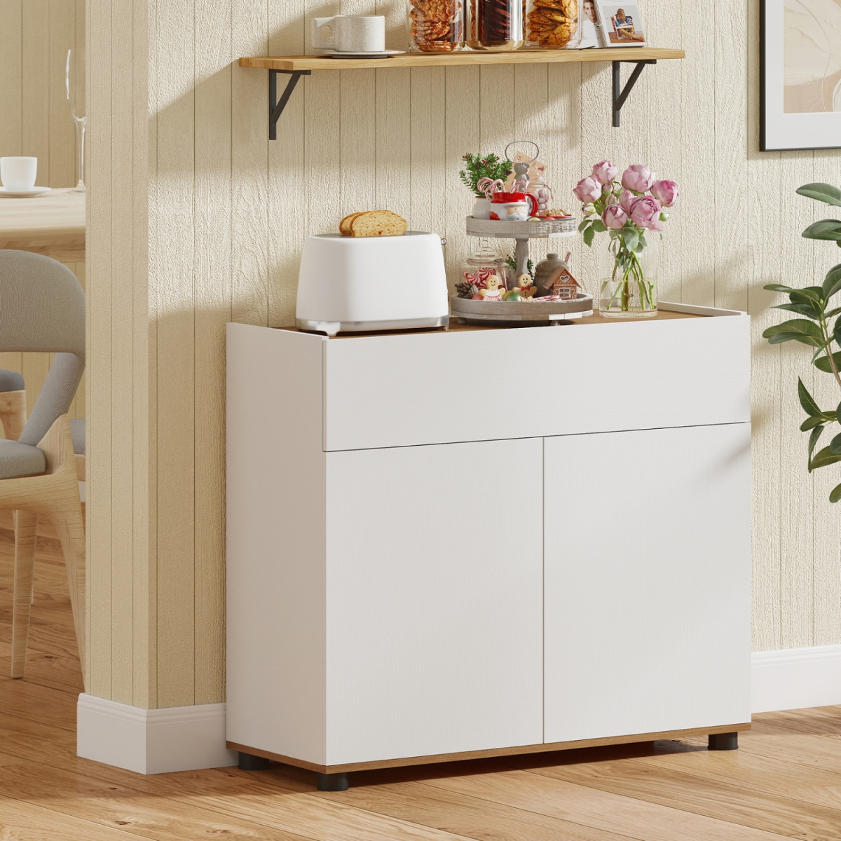 JV13161WH Sideboard Buffet Cabinet with Storage Wooden Kitchen Storage Cabinet - White