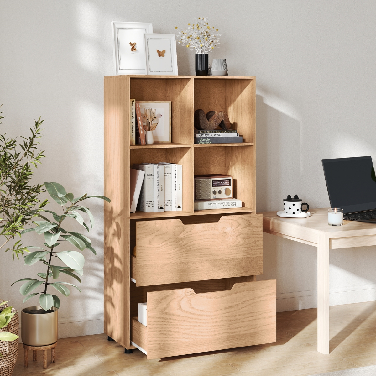 JV13188NA 4-Cube Bookcase with 2 Drawers 51 in. 5-Tier Tall Freestanding Bookshelf - Natural