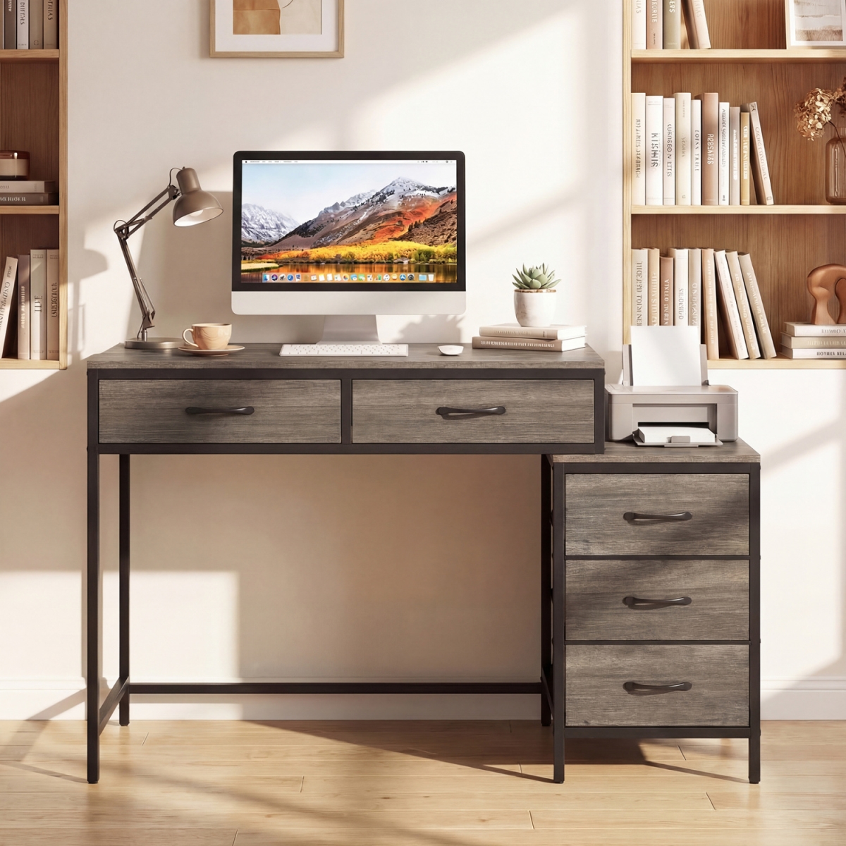 JV13214OA Computer Desk with 5 Drawers & Printer Stand for Bedroom & Small Spaces - Oak