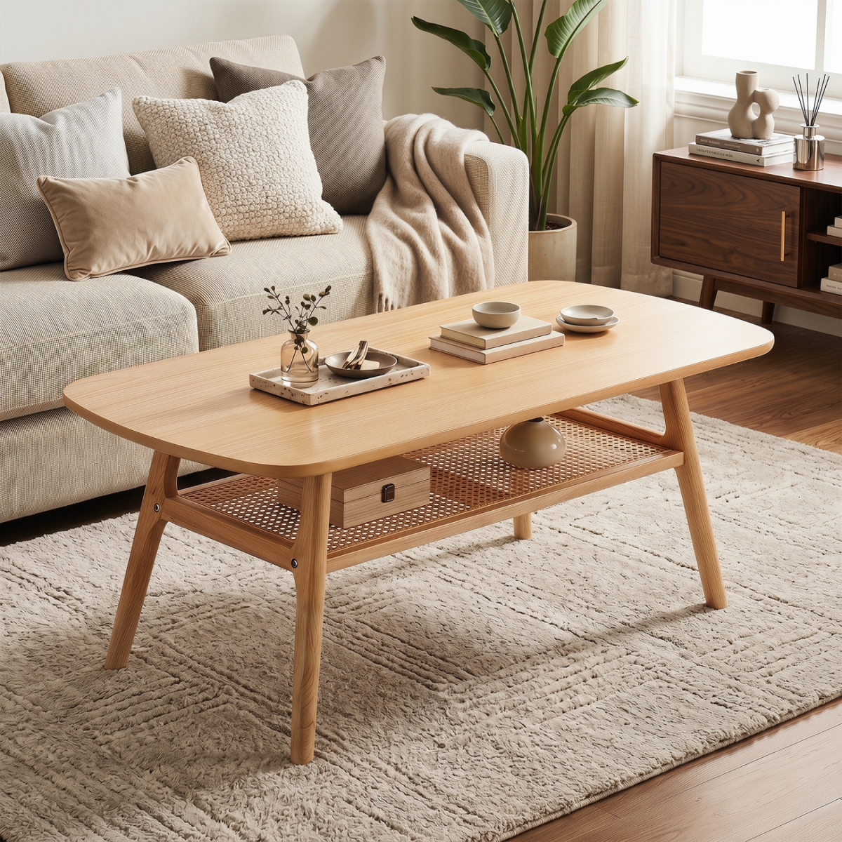 JV13332NA 2-Tier Boho Rattan Coffee Table with Rounded Corners - Natural
