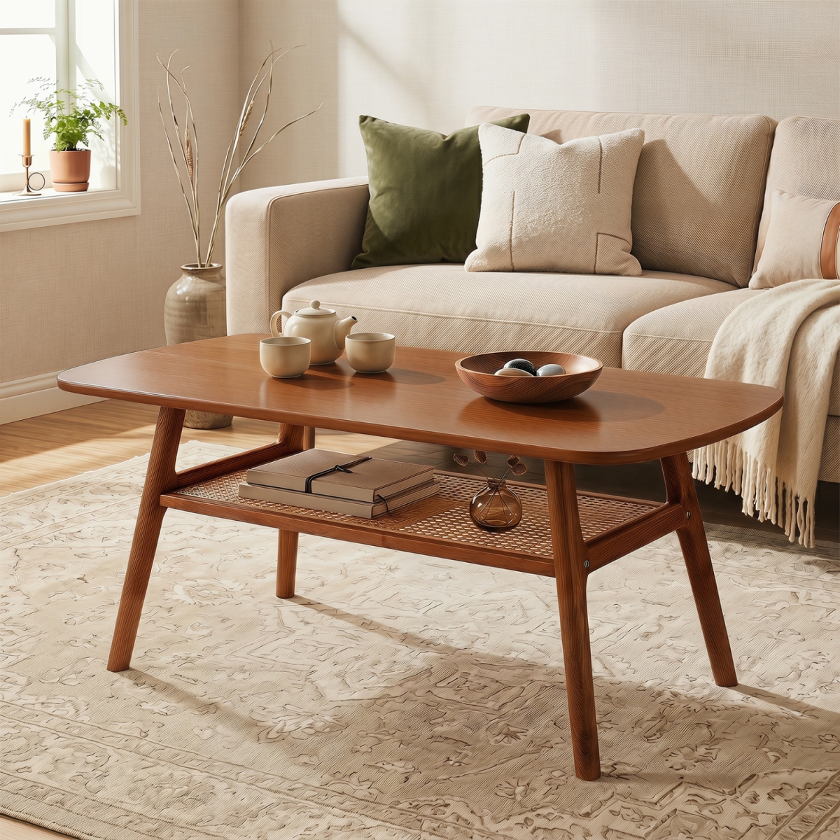 JV13332WN 2-Tier Boho Rattan Coffee Table with Rounded Corners - Walnut