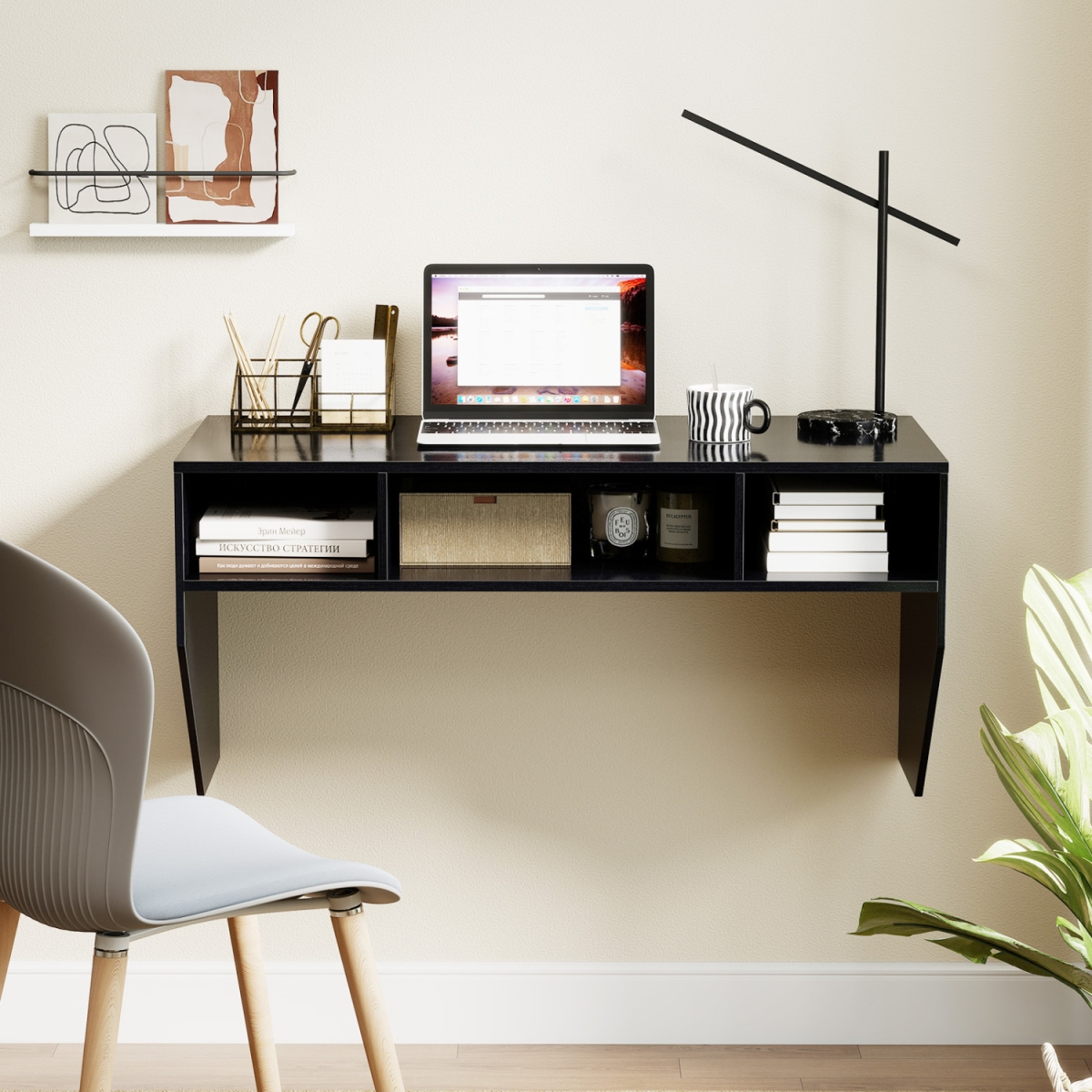 JV13333DK Wall-Mounted Computer Desk Floating Laptop Desk with 3 Storage Compartments - Black