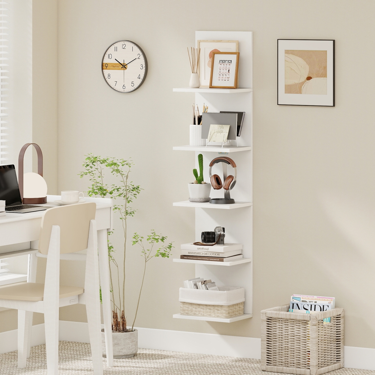 JV13384WH 5-Tier Wall Mounted Shelf Unit with Wood Grain - White