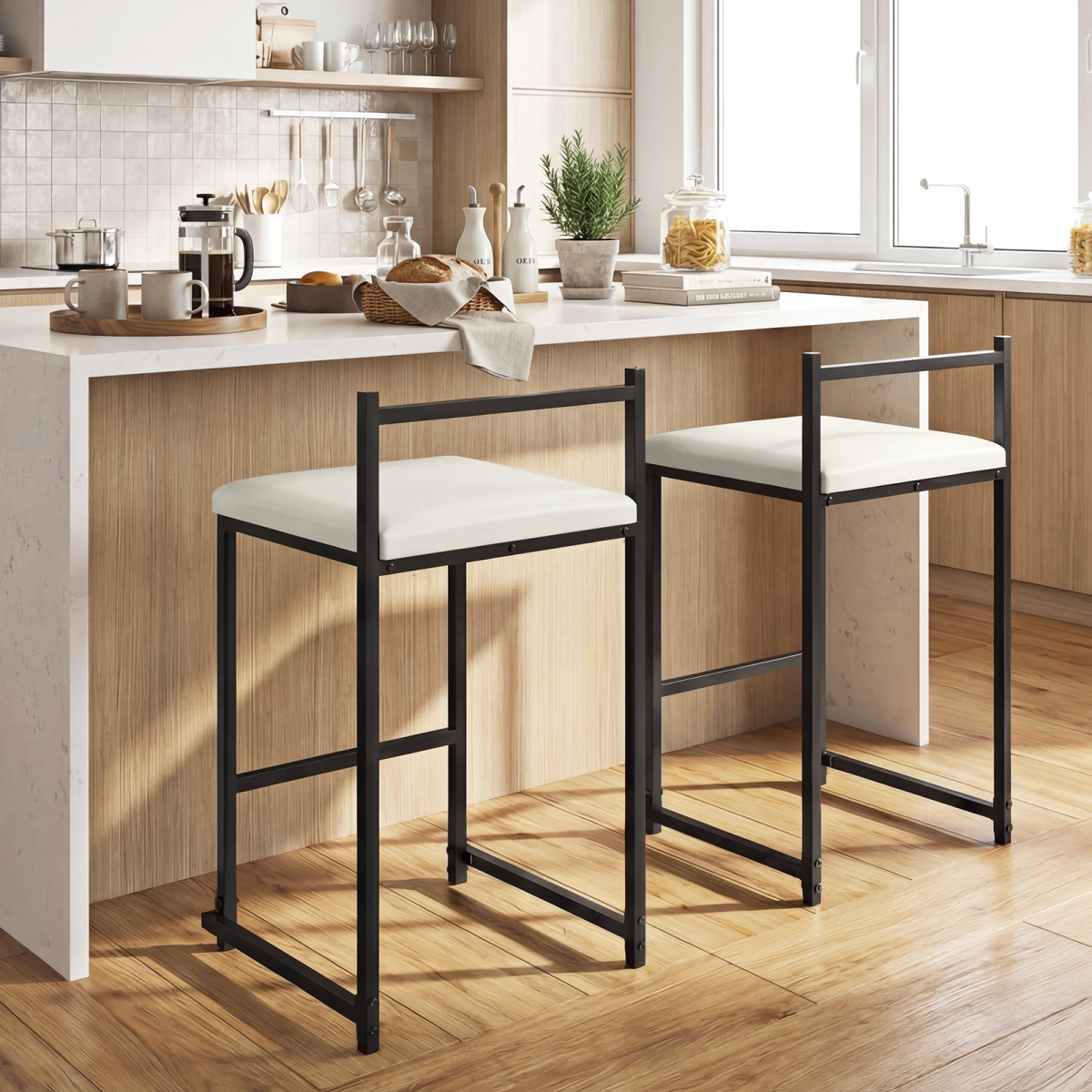 JV13403DK Stackable Counter Height Bar Stools PU Leather Upholstered with Footrest - Black - Set of 2