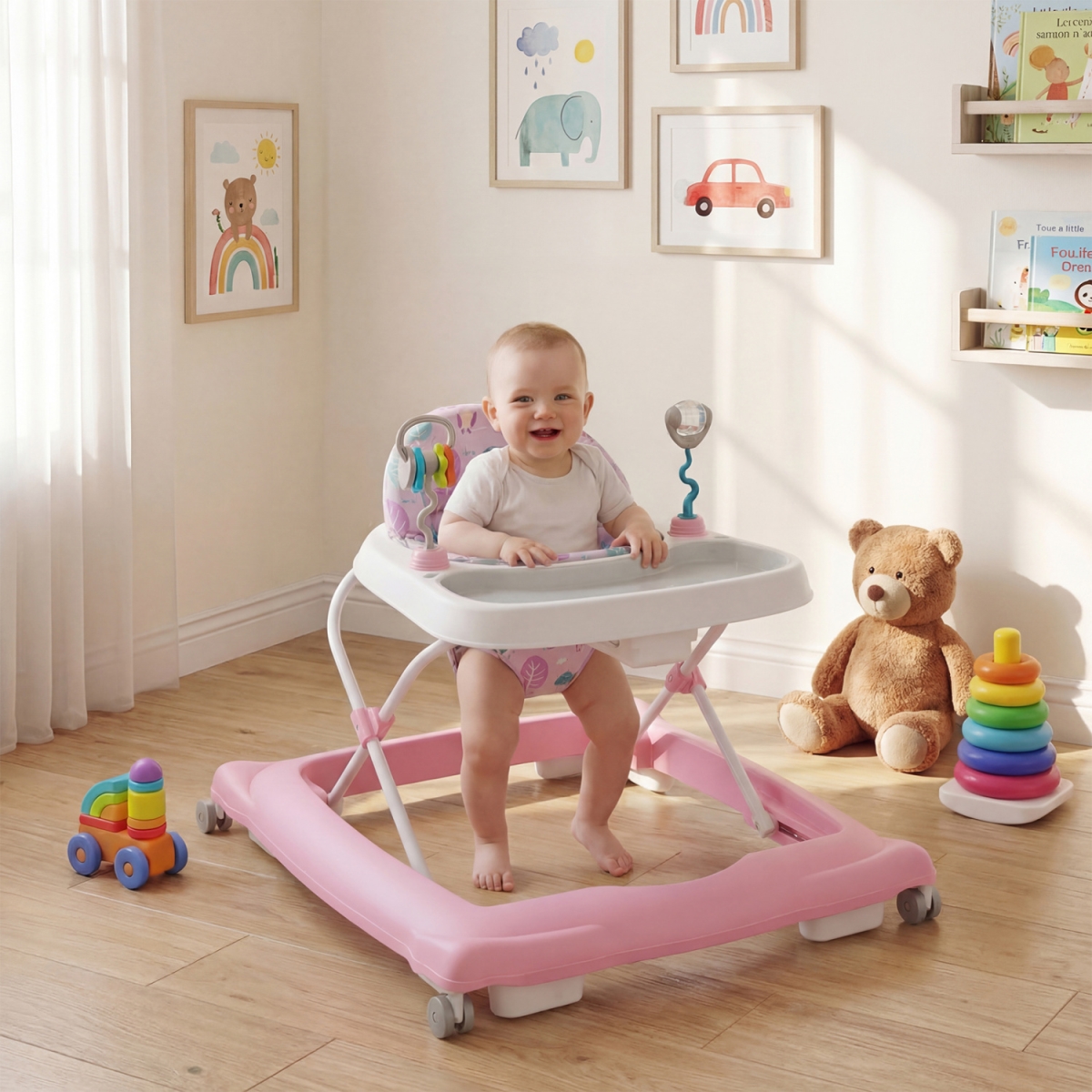 BC10353PI Foldable Baby Walker with Removable Seat & Adjustable Height for 6-12 Months - Pink
