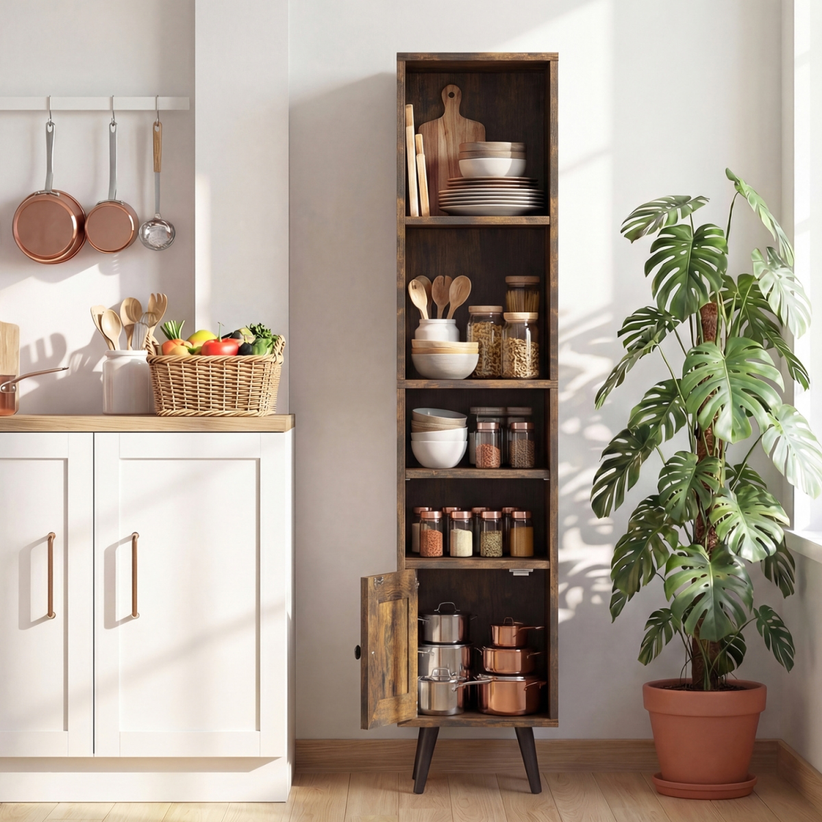 JV13413CF 6-Tier Tall Narrow Bookcase 54 in. Slim Storage Cabinet - Rustic Brown