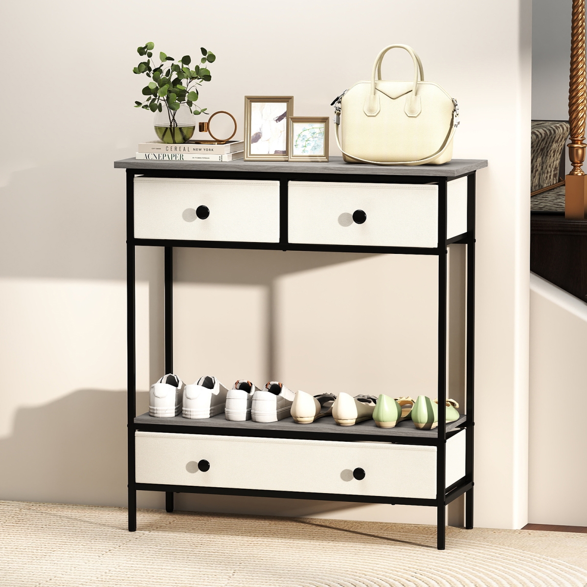 JV13434GR Farmhouse Console Table with Open Storage Shelf for Hallway - Gray