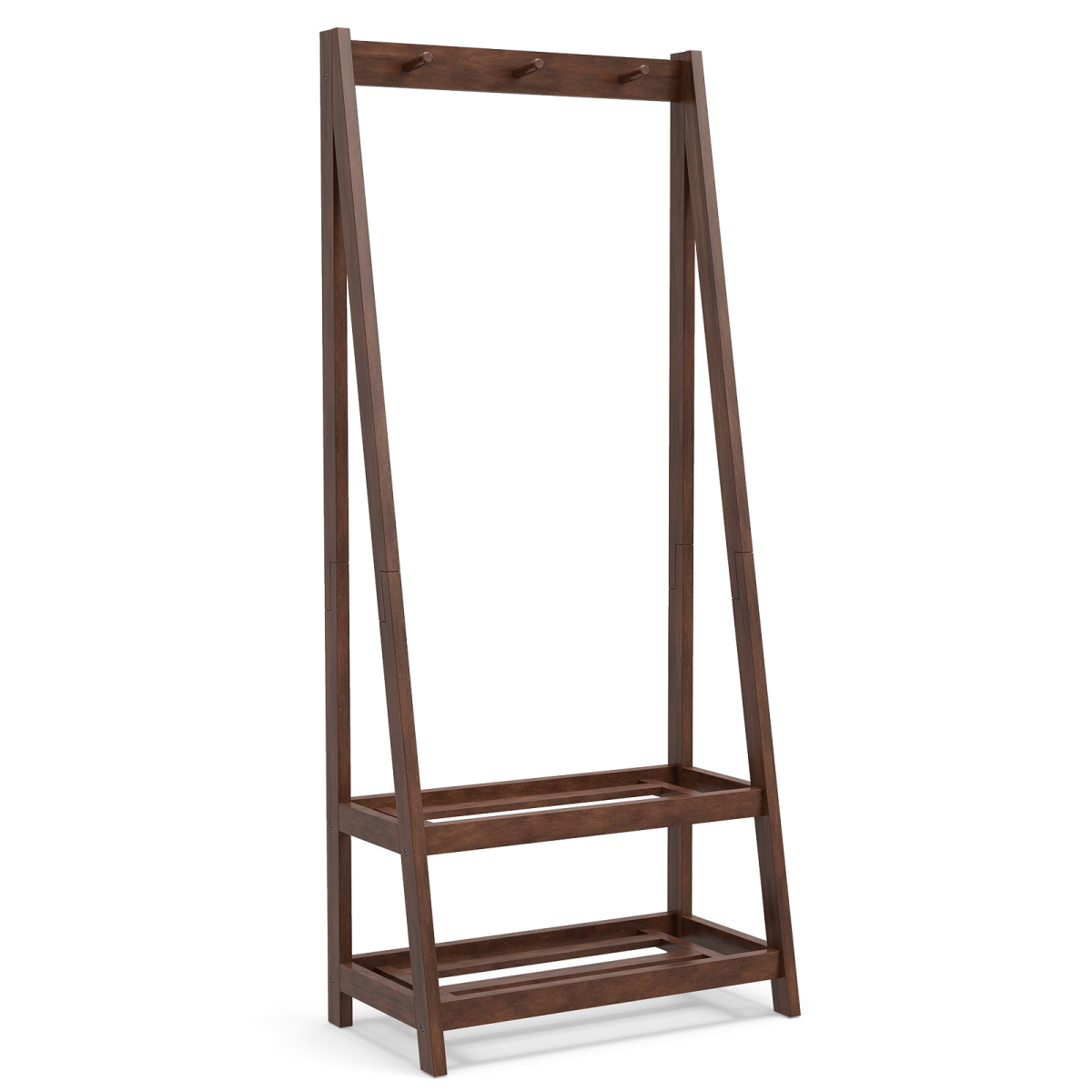 JV13591BN Freestanding Clothes Rack with 3 Hooks & 2 Shelves - Walnut