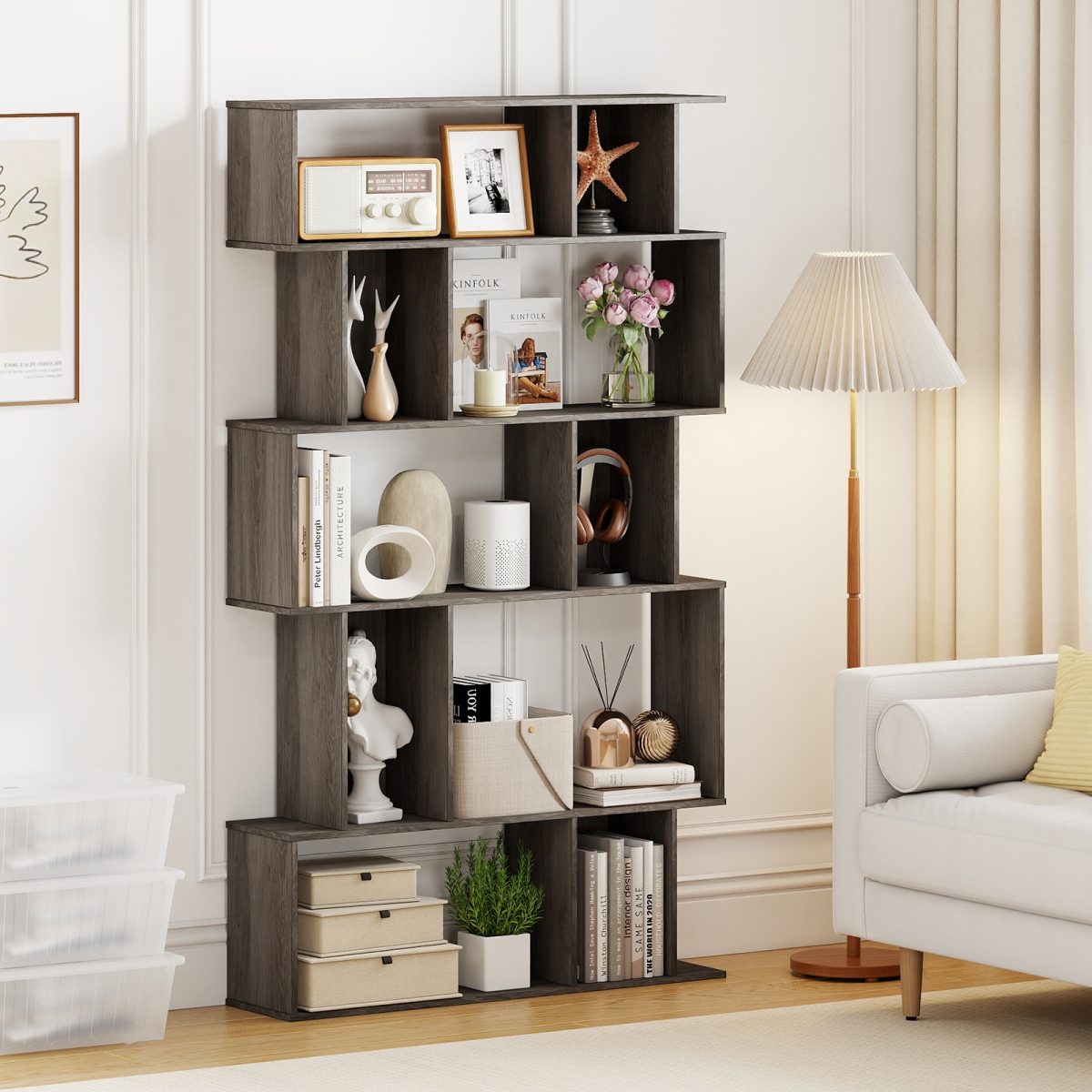 JV13604OA Geometric Bookshelf 5-Tier Bookcase with Open Shelves & Closed-Back Cubes - Oak