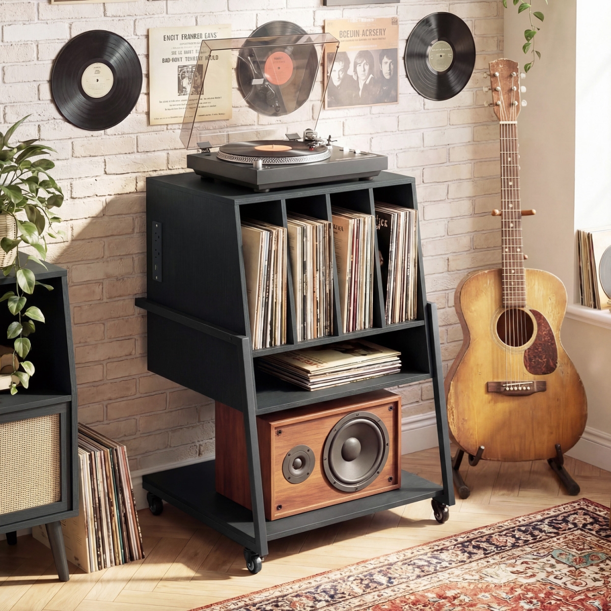 JV13715US-DK Record Player Stand on Wheels Rolling Turntable Stand with Power Outlets - Black