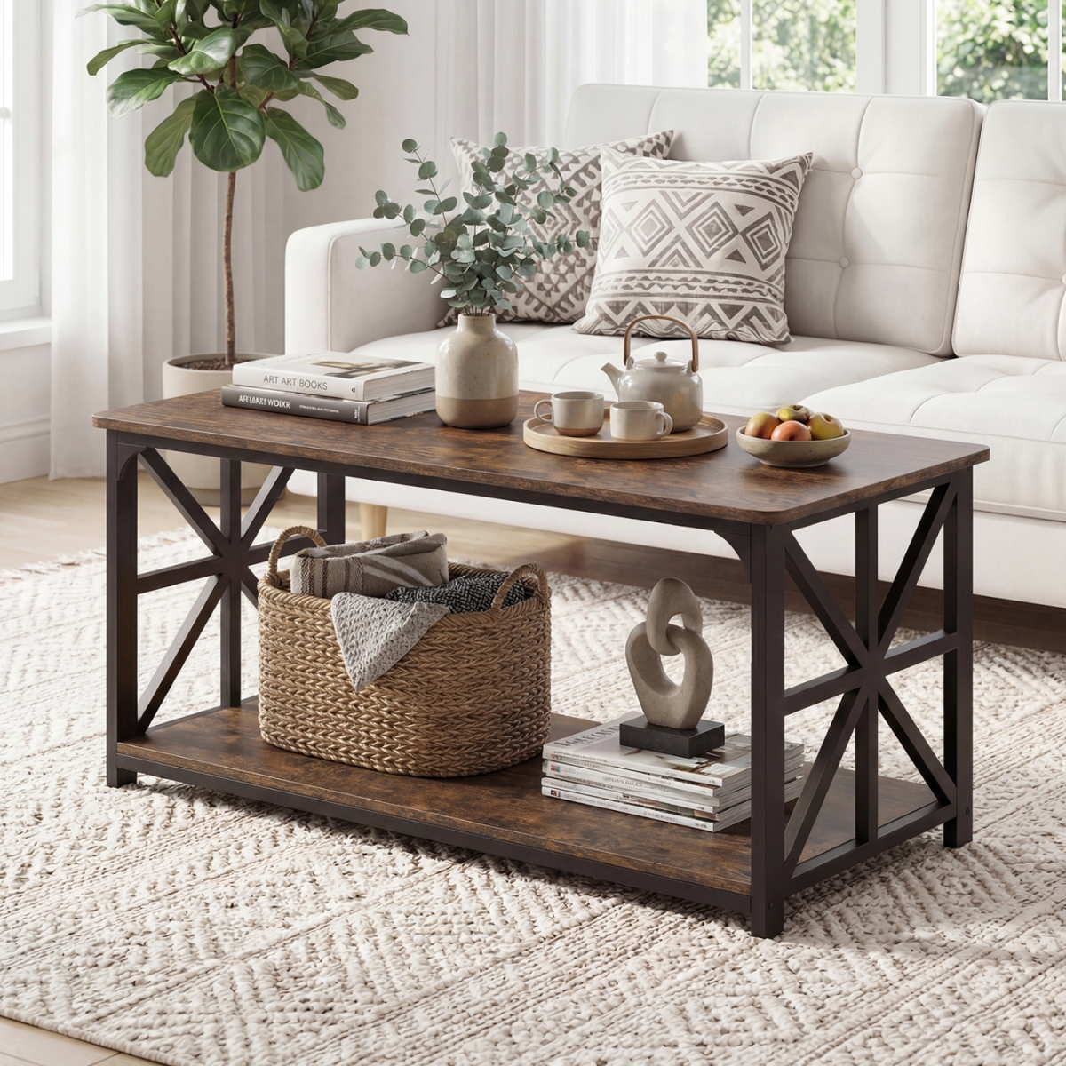 JV13785CF Coffee Table 2-Tier Center Table with Storage Shelf - Rustic Brown