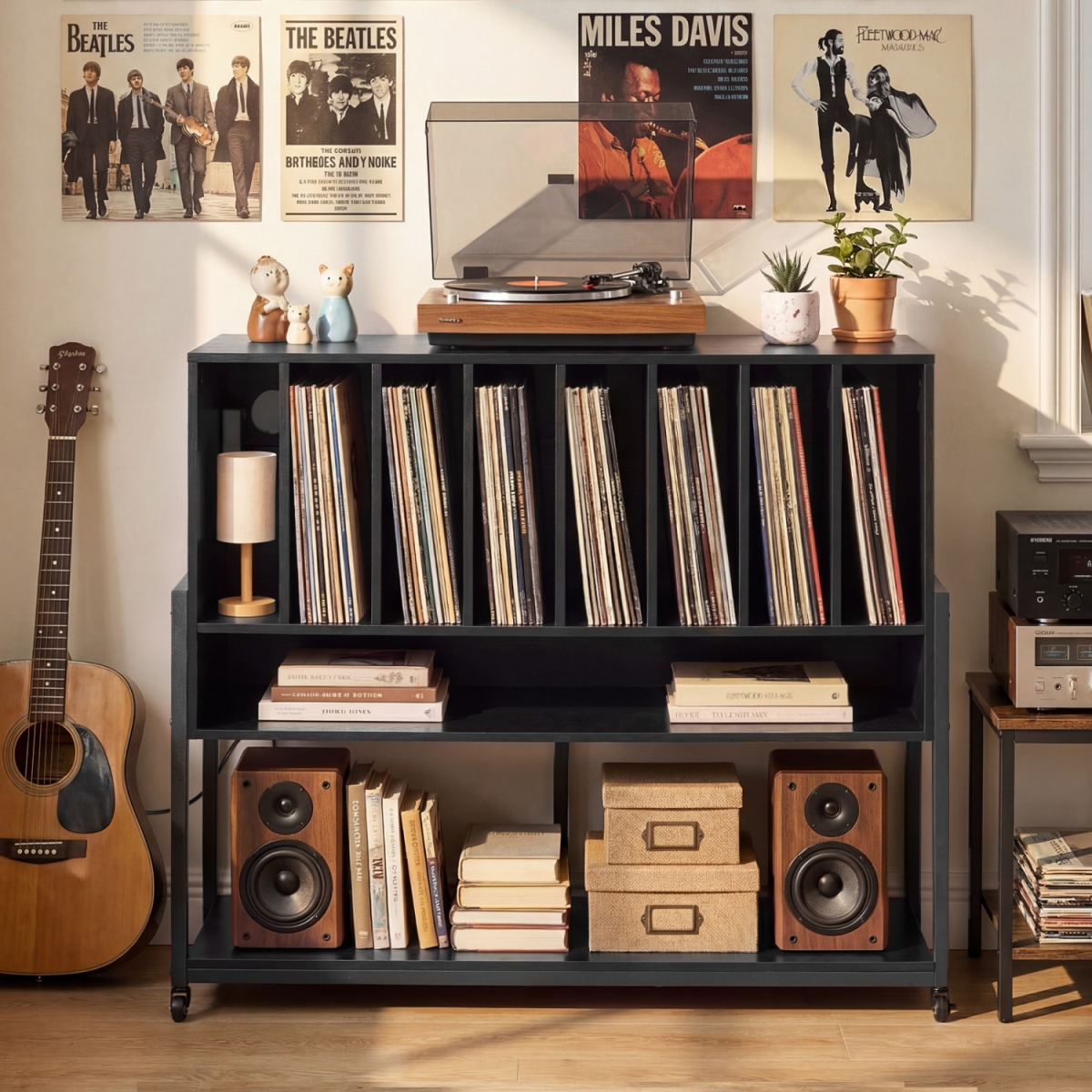 JV13917US-DK Turntable Stand with Charging Station & Vinyl Storage Shelves - Black