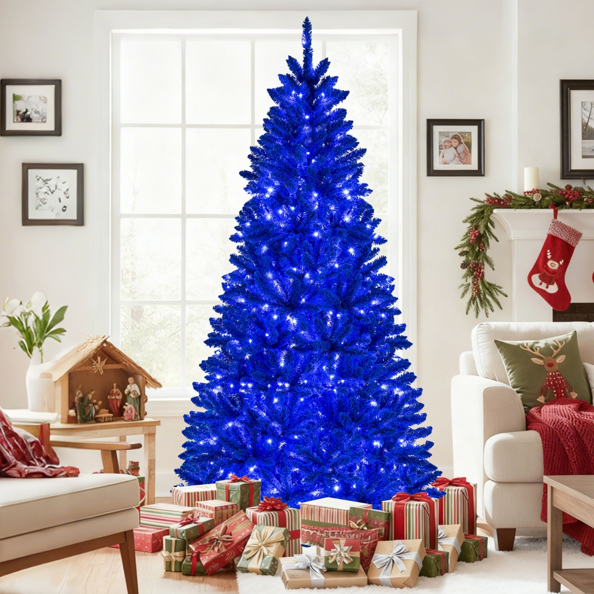 CM25525US-7 Pre-Lit Artificial Christmas Tree with 340 Blue LED Lights & 3 Modes - Royal Blue - 7 ft.