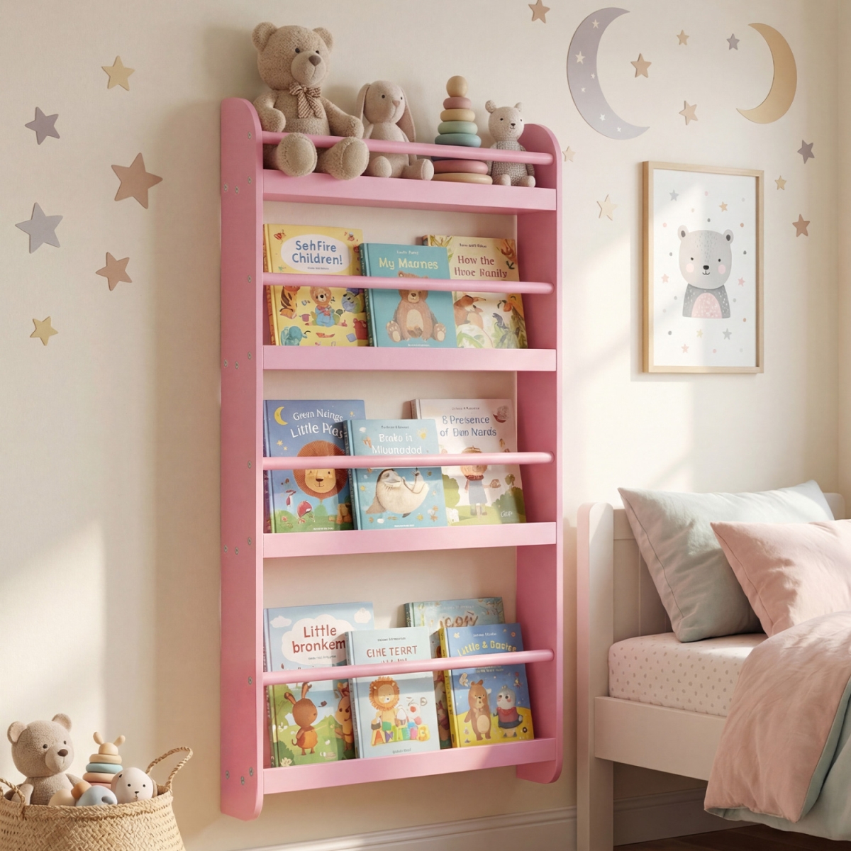 JV13936PI 4-Tier Bookshelf Organizer for Toys & Books with Basswood Crossbar - Pink