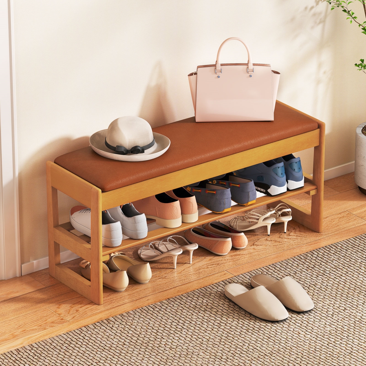 JV13962BN Shoe Rack Bench with Storage 2-Tier Rubberwood Entryway Bench with Flip-Open Storage - Brown
