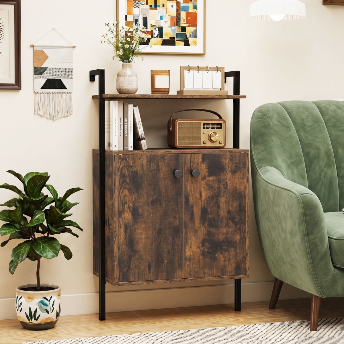 JV13994CF 2-Door Wall Mount Bookshelf with Storage Cabinet - Rustic Brown
