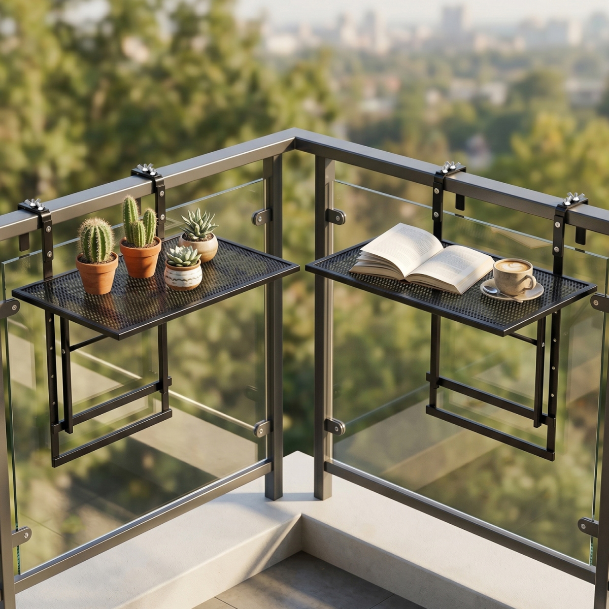 JV14035DK-2 48 in. Balcony Railing Table with 5-Level Adjustable Height for Patio & Deck - Black - Set of 2