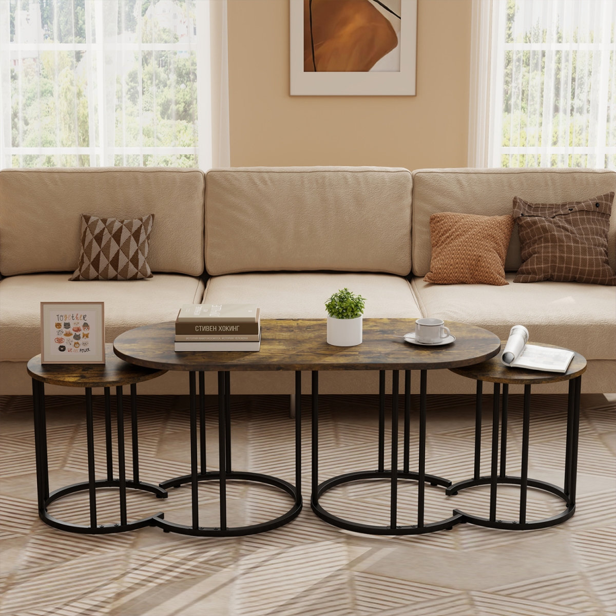 JV14042CF Nesting Coffee Table with Faux Marble Tabletop & Powder-Coated Gold Metal Frame - Rustic Brown - Set of 3