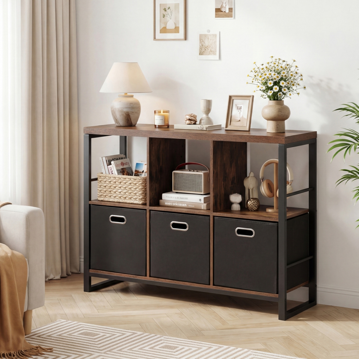 JV14124CF 6 Cube Industrial Short Bookshelf with 3 Bins & Metal Frame & Open Shelves for Indoor - Rustic Brown