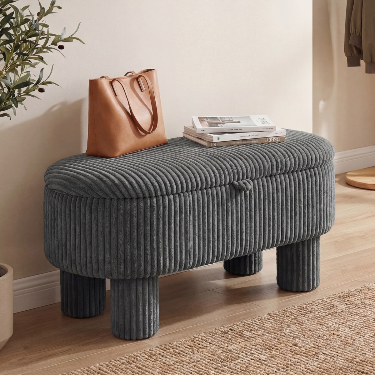 JV14156GR 42 in. Storage Ottoman Bench Corduroy Fabric Upholstered Foot Stool - Gray