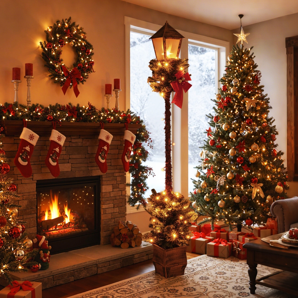 CM25133US 6.1 ft. Christmas Pre-Lit Street Lamp with Artificial Greenery & Snow-Flocked Branch Tips - Yellow
