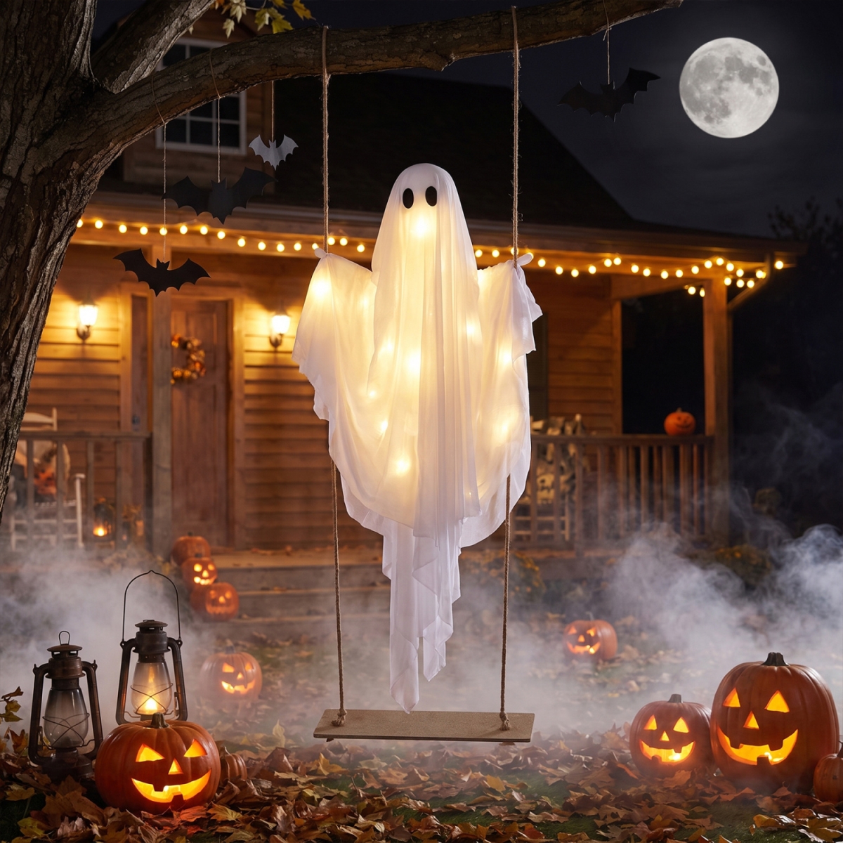 CM25533 5 ft. Halloween Hanging Swing Ghost Decoration with LED String Lights - White
