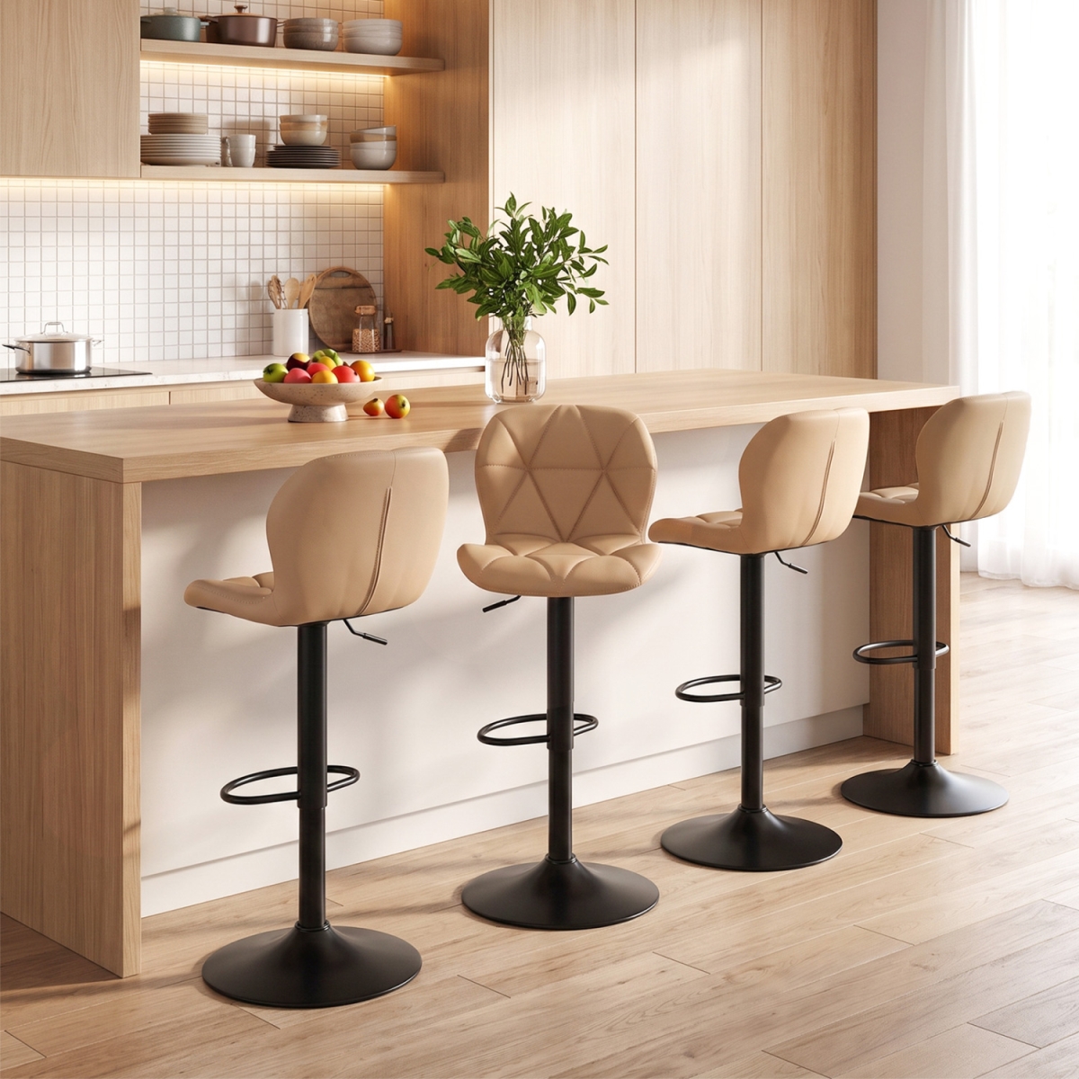 2-JV14961CF-2 Upholstered Swivel Bar Stools with Adjustable Height & Curved Backs - Khaki - Set of 4