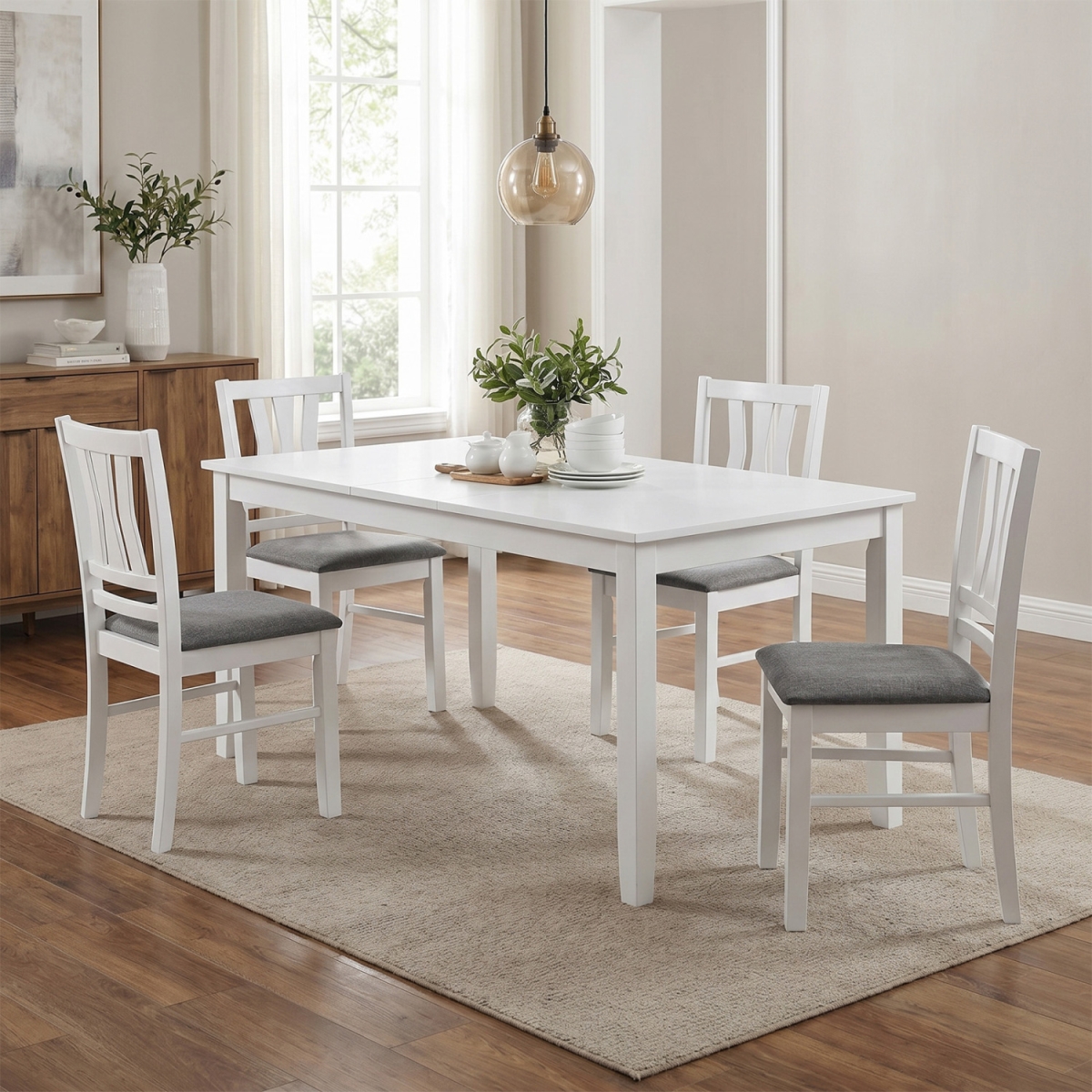 2-KC59571WH-2 Linen Style Upholstered Kitchen Chairs with Wood Frames - White - Set of 4
