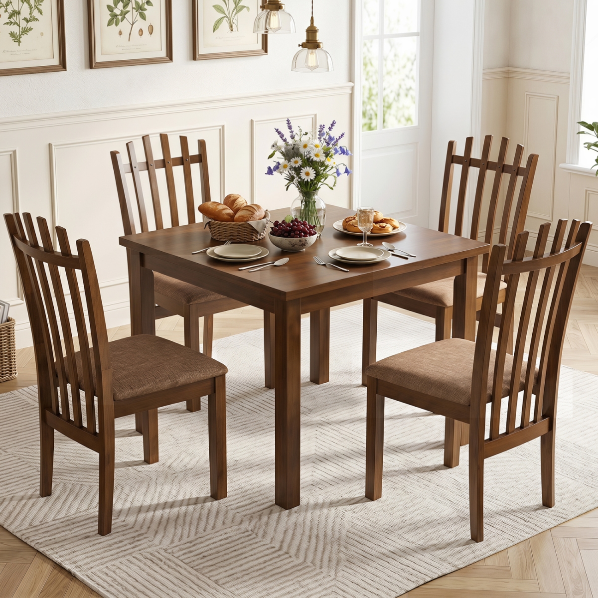 2-KC59617BN-2 Rubber Wood Slat Back Kitchen Dining Chairs - Brown - Set of 4