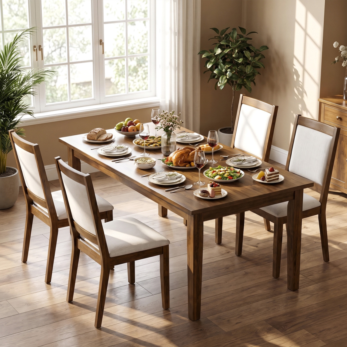 2-KC59632WN-2 Modern Dining Upholstered Kitchen Chair with Padded Backrest - Walnut - Set of 4