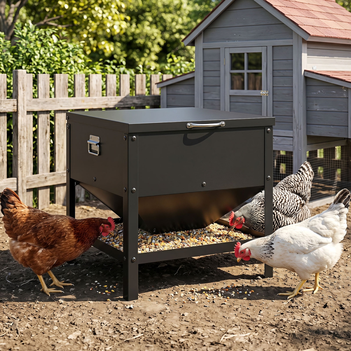 PS7916BK Large Capacity Chicken Feeding Box with Openable Lid - Black