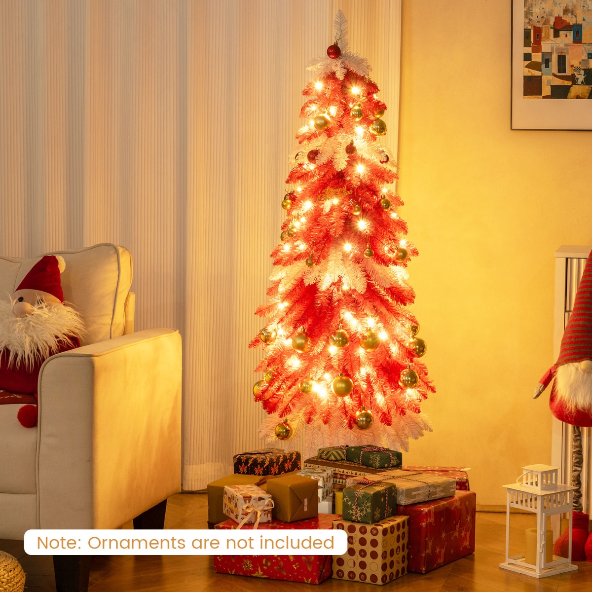 CM25517US 5 ft. Artificial Christmas Tree Pre-Lit Xmas Trees with 301 Red & White Branch Tips - Red, White & Brown