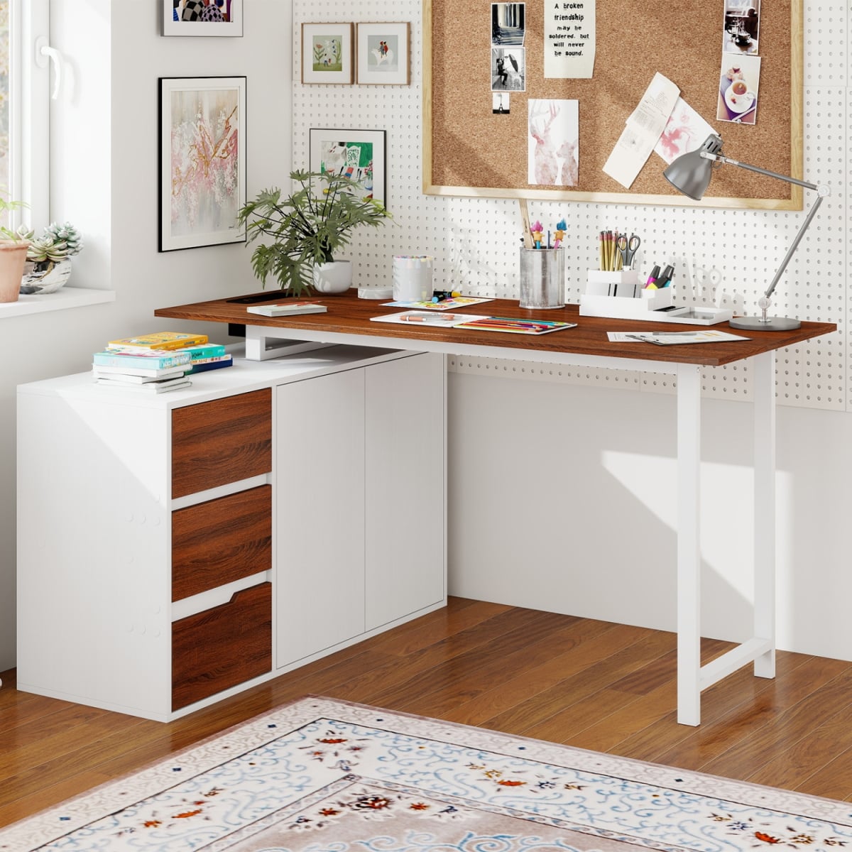 CB10721US-BN- L-Shaped Desk with File Cabinet & Power Outlet Reversible Corner Computer Desk - White