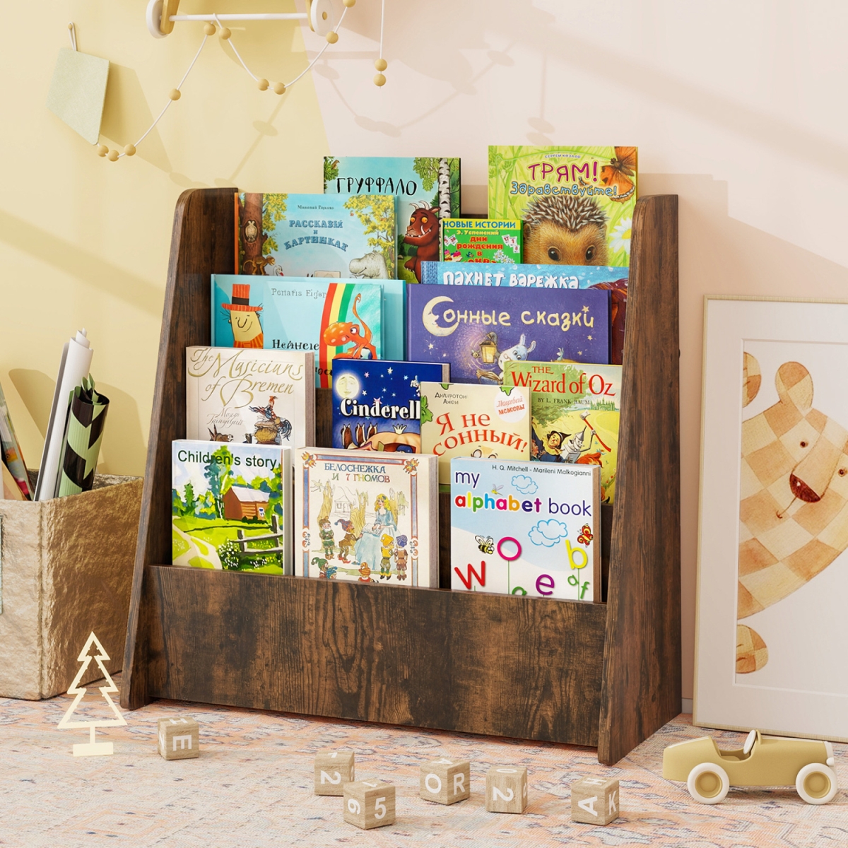 CB10782CF 4-Tier Kids Bookshelf with Deep Compartments for Bedroom - Rustic Brown
