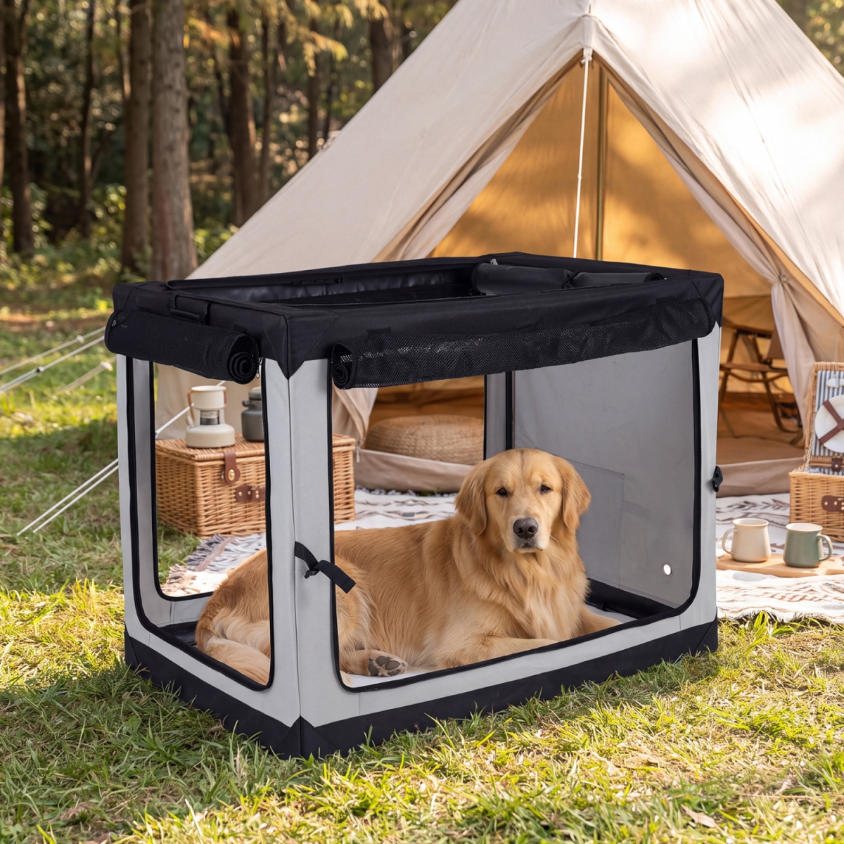 PU10167 Portable Collapsible Soft Dog Crate for Dogs with 4 Mesh Doors Removable Mat & Storage Pocket - Black & Light Gray - Extra Large