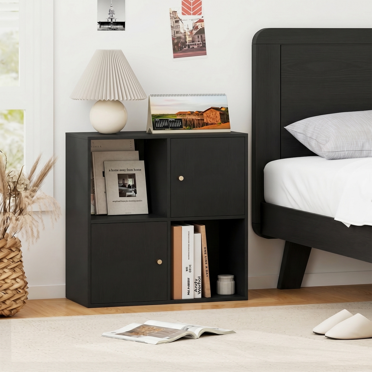 CB10838DK 4-Cube Bookcase 3-Tier Bookshelf with Dual Anti-Tipping Kits & 2 Cabinets - Black