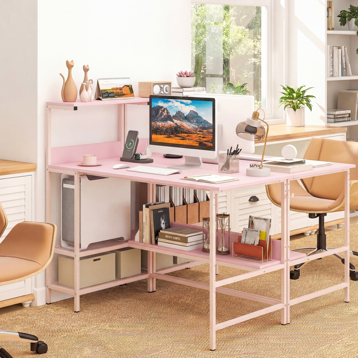 CB11111US-PI 48 in. Computer Desk with Power Outlets & Storage Shelves - Pink