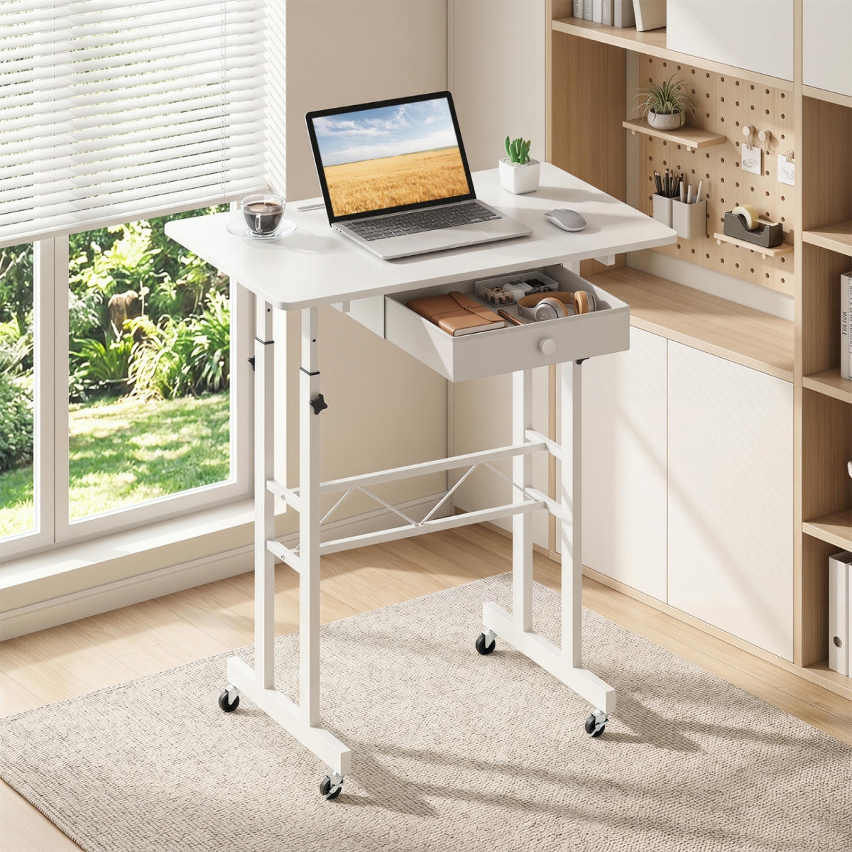 CB11284WH Height Adjustable Laptop Desk with Fabric Drawer Tablet Holder & Lockable Wheels - White