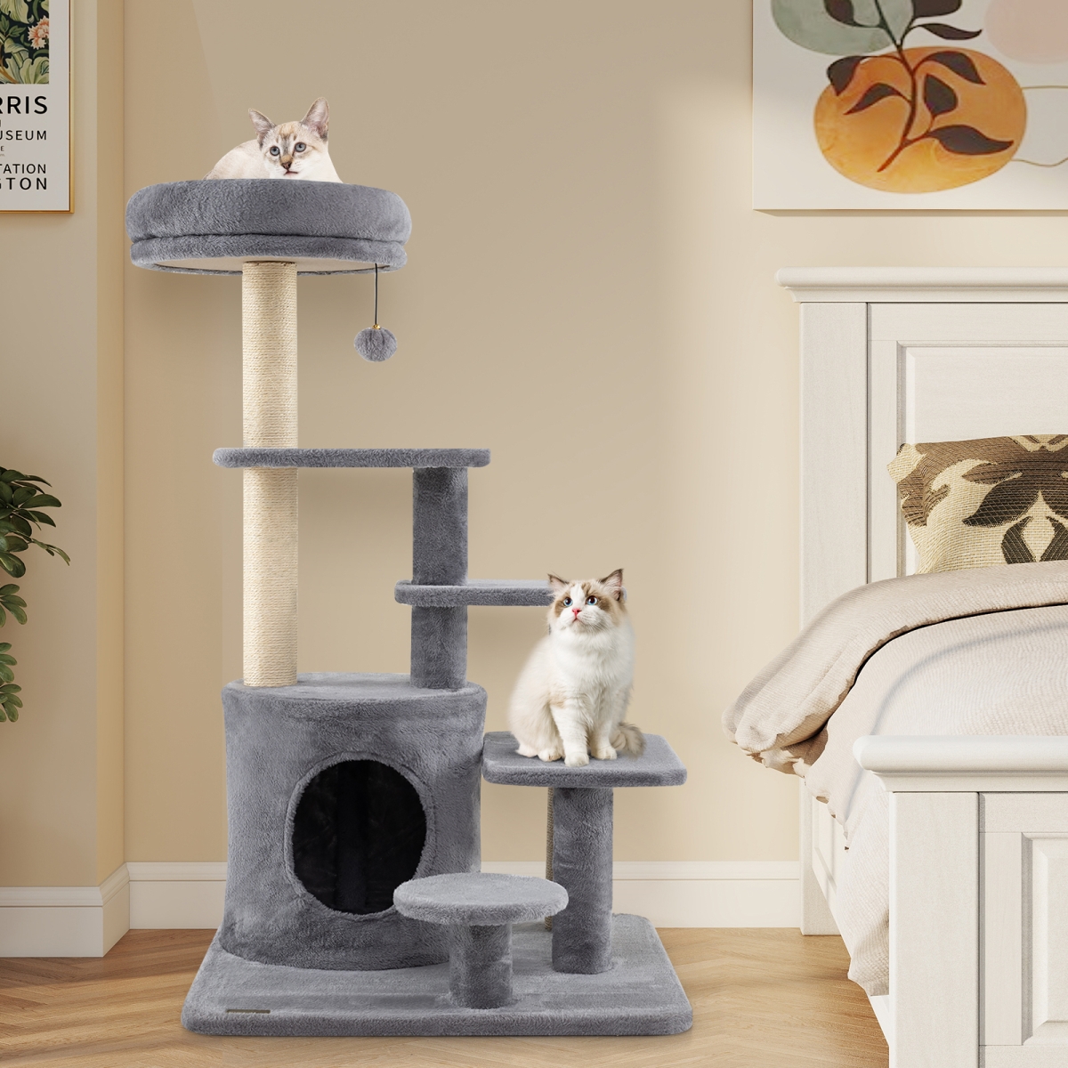 PV10345GR 40 in. Multi-Level Cat Tower with Condo & Dangling Jingle Ball - Gray