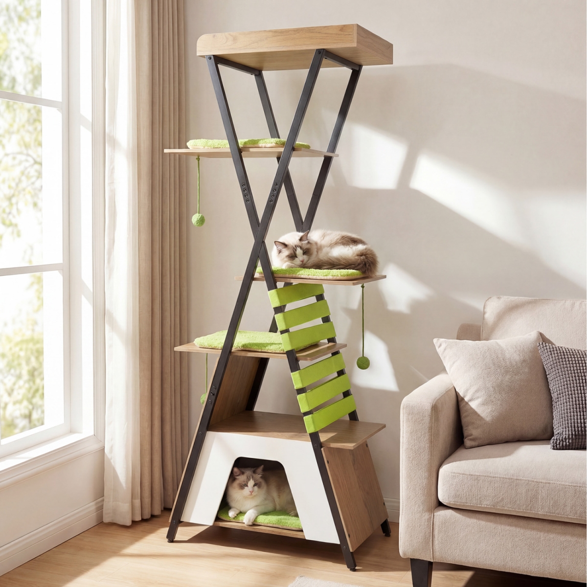 PV10444GN 73 in. Multi-Level Cat Tree for Indoor Cats with Elevated Perch & Large Condo - Green