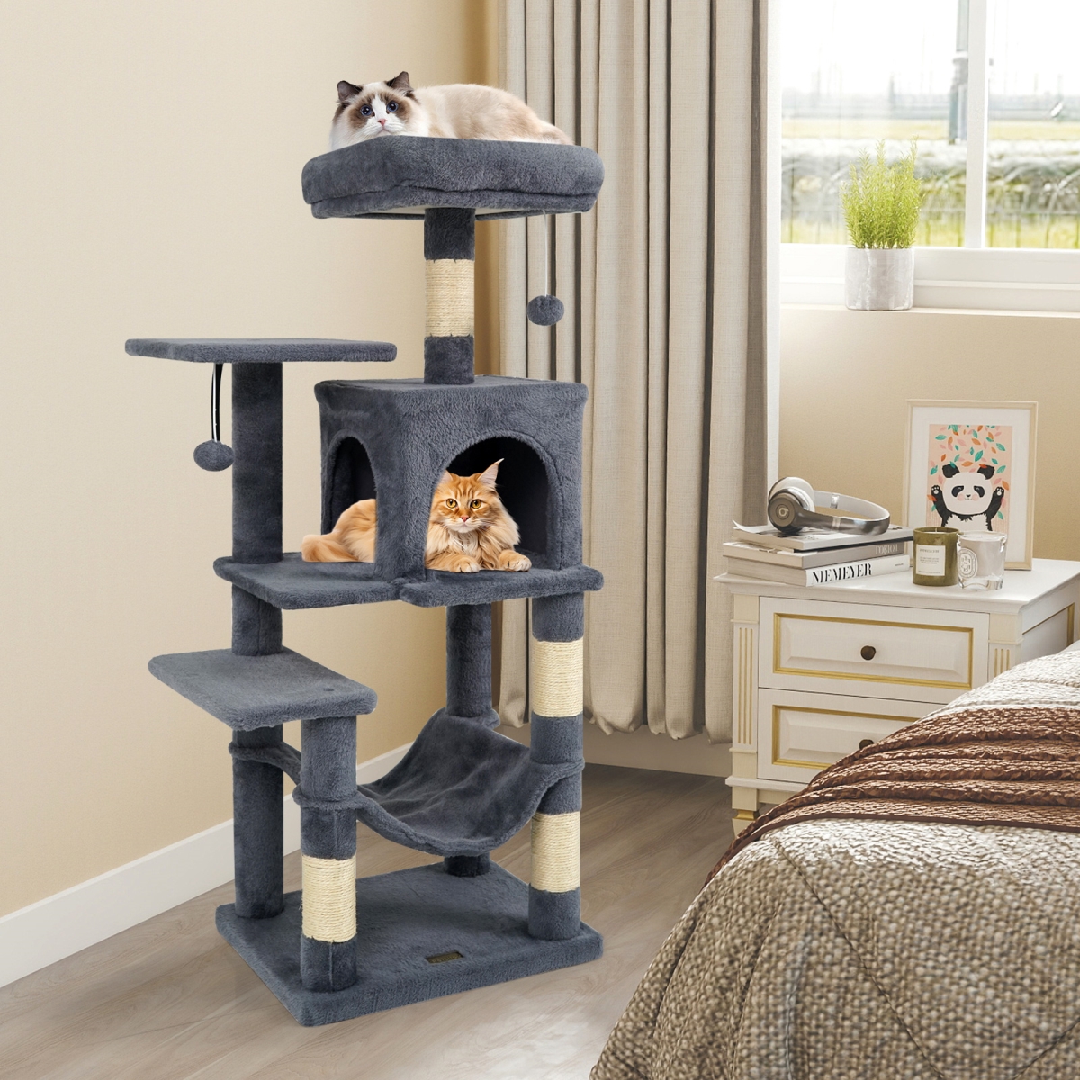PV10470GR Multi-Level Cat Tower with 2-Door Condo & Padded Top Perch - Gray