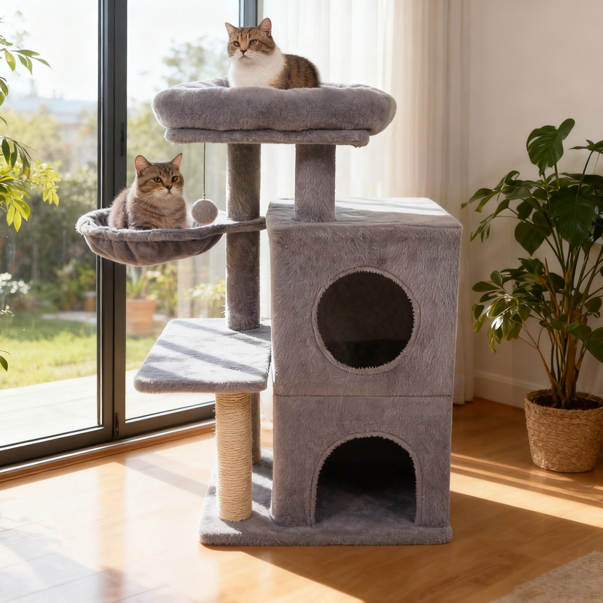 PV10480HS 33.5 in. Cute Kitten Tower with 2-Tier Condo & Padded Top Perch - Light Gray
