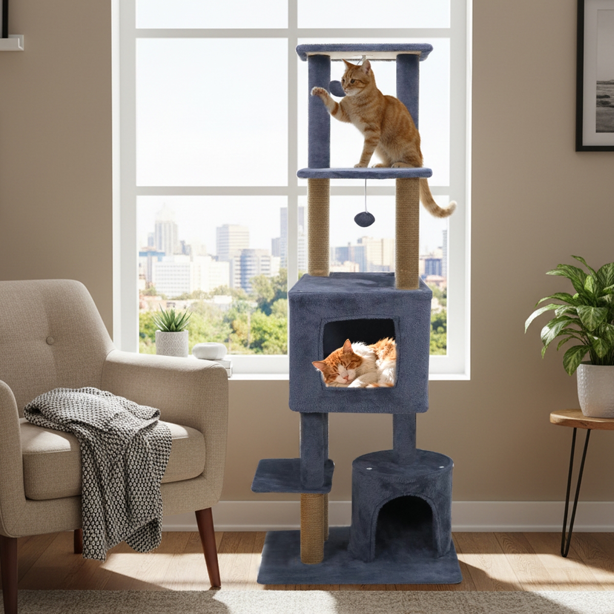 PV10483GR 64 in. Tall Cat Tree with 2 Large Condos & Jute Scratching Posts for Indoor Adult Cats - Dark Gray